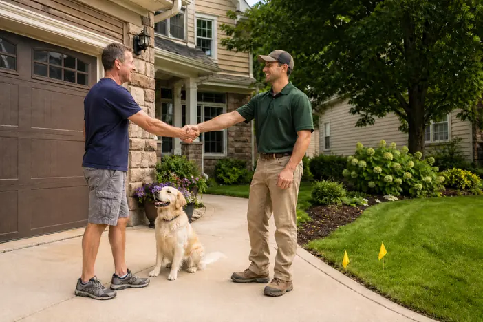 Homeowner greeting local underground dog fence installer in Maple-Grove, Minnesota