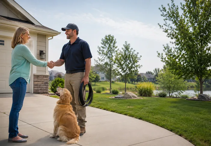 Homeowner greeting local underground dog fence installer in Alexandria Minnesota