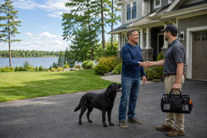 Homeowner greeting local underground dog fence installer in Brainerd, Minnesota