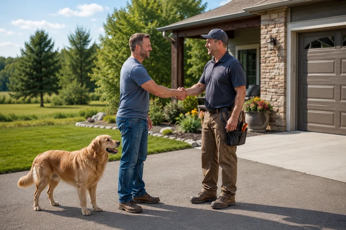 Homeowner greeting local underground dog fence installer in Zimmerman, Minnesota