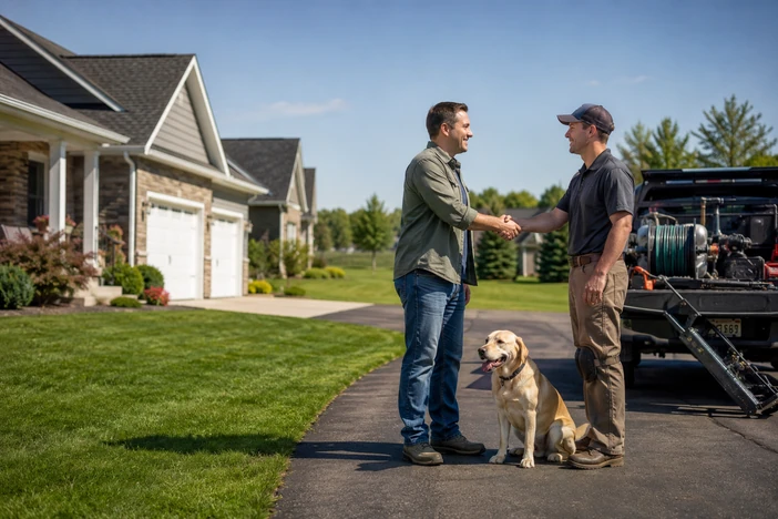 Homeowner greeting local underground dog fence installer in Becker, Minnesota