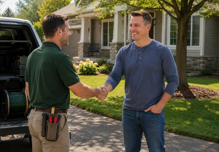 Homeowner greeting local underground dog fence installer in Chanhassen, Minnesota