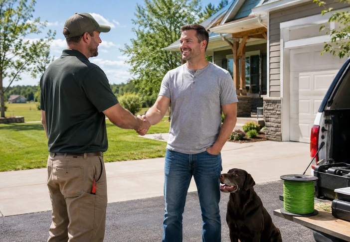 Homeowner greeting local underground dog fence installer in Princeton, Minnesota